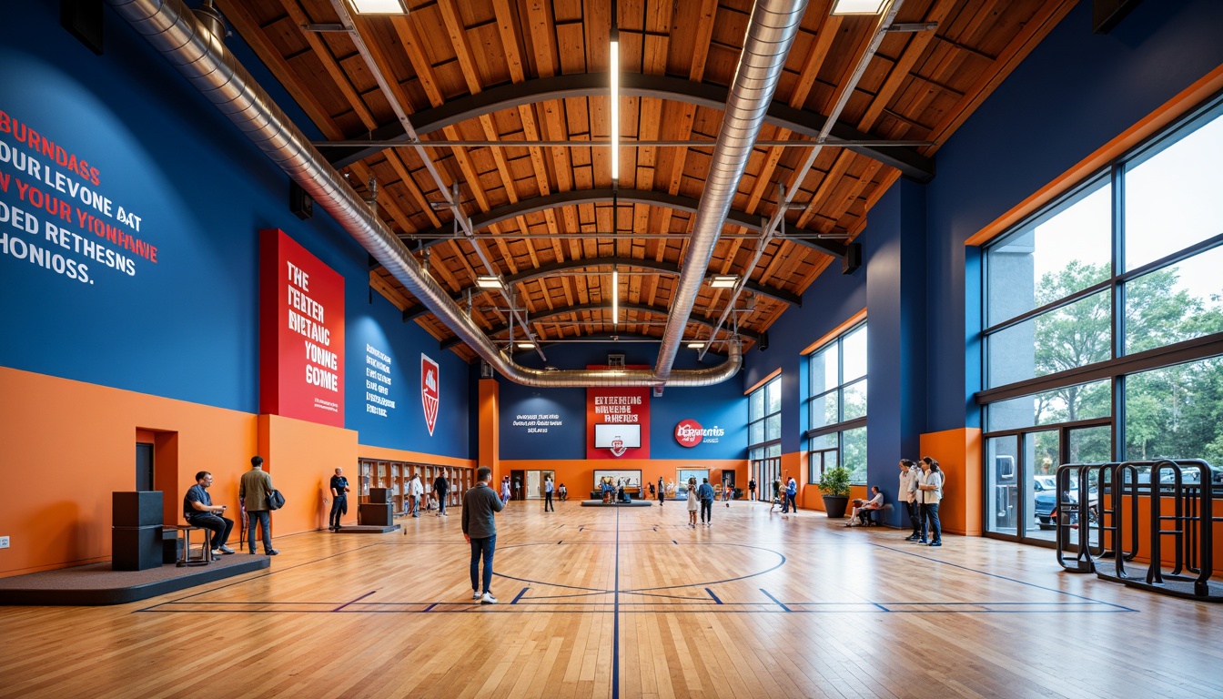 Prompt: Vibrant gymnasium interior, bold color scheme, deep blues, energetic oranges, bright whites, sleek metallic accents, modern minimalist design, geometric patterns, abstract art installations, motivational quotes, athletic equipment displays, polished wood floors, indirect warm lighting, 1/2 composition, realistic textures, ambient occlusion.