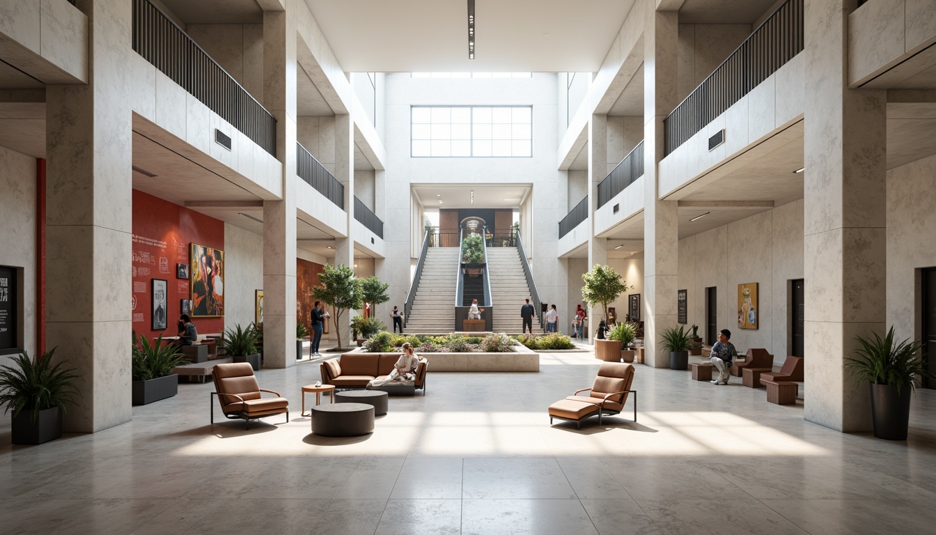 Prompt: Grand museum atrium, high ceilings, natural light pouring in, polished marble floors, sleek modern furniture, interactive exhibits, multimedia displays, comfortable seating areas, educational signage, elegant staircases, open floor plans, minimalist decor, subtle color schemes, ambient lighting, soft shadows, shallow depth of field, 1/1 composition, panoramic view, realistic textures, ambient occlusion.