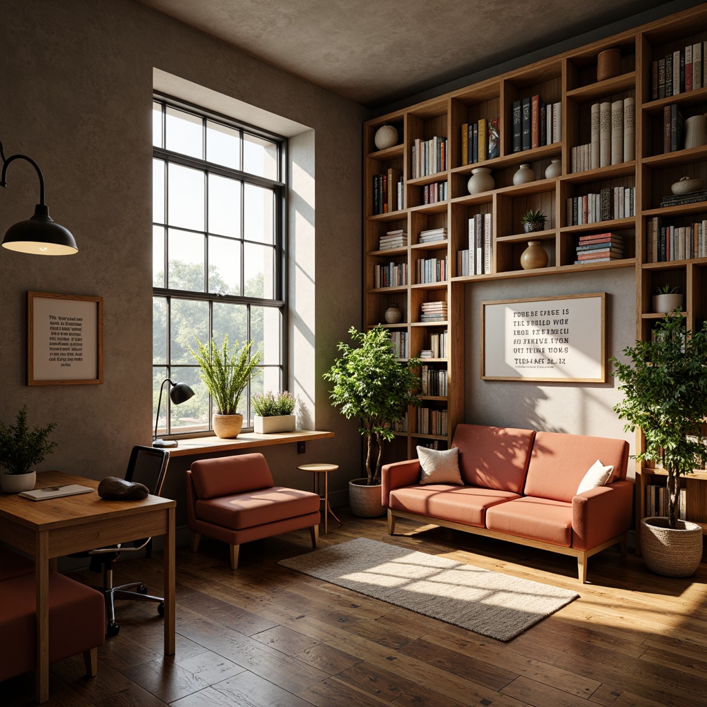 Prompt: Cozy study nooks, comfortable sofas, warm wooden flooring, earthy color schemes, natural light pouring in, floor-to-ceiling bookshelves, minimalist desks, ergonomic chairs, inspirational quotes, soft box lighting, 1/1 composition, shallow depth of field, realistic textures, ambient occlusion, calm atmosphere, peaceful ambiance.