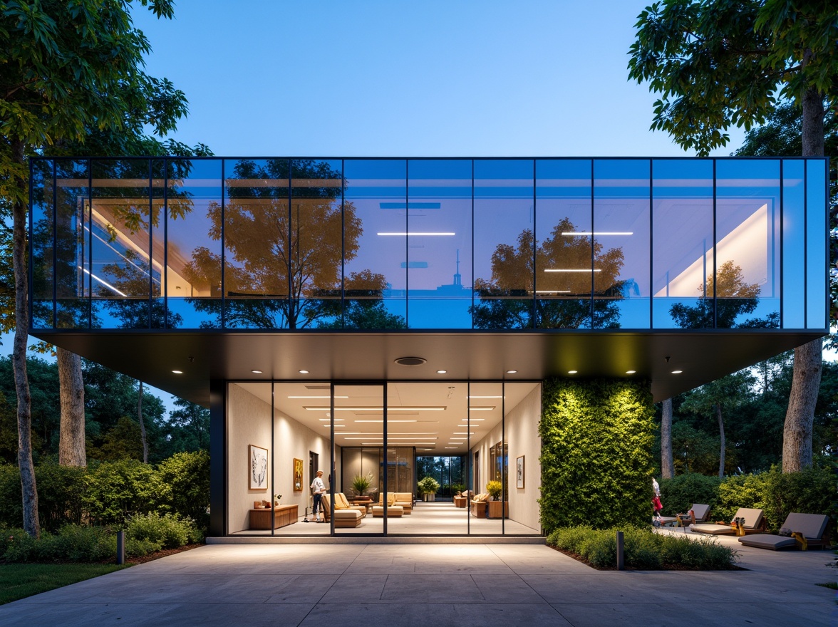 Prompt: Minimalist dental clinic facade, sleek glass surfaces, modern angular lines, calming blue accents, natural stone cladding, vertical green walls, futuristic LED lighting, subtle texture patterns, geometric shapes, airy open spaces, floor-to-ceiling windows, warm wooden tones, inviting entranceways, clear signage, wheelchair-accessible ramps, shaded outdoor seating areas, soft diffused lighting, 3/4 composition, realistic reflections, ambient occlusion.