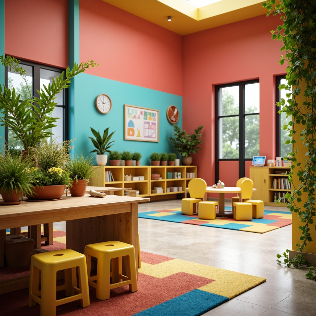 Prompt: Vibrant educational facility, playful kindergarten classroom, bright coral walls, turquoise accents, yellow wooden furniture, greenery-filled planters, interactive whiteboards, colorful rug patterns, ergonomic seating, natural light pouring in, large windows, sliding glass doors, cheerful atmosphere, soft warm lighting, shallow depth of field, 3/4 composition, realistic textures, ambient occlusion.