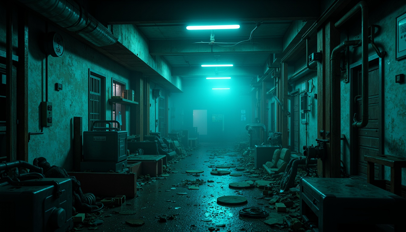 Prompt: Moody dark cyan tones, mysterious oceanic ambiance, foggy misty atmosphere, abandoned industrial structures, rusty metal pipes, decaying concrete walls, worn-out wooden planks, eerie flickering fluorescent lights, dimly lit corridors, futuristic sci-fi elements, metallic robotic details, neon-lit cyberpunk cityscapes, retro-futuristic computer interfaces, glitch art-inspired distortions, 3D rendering with atmospheric fog, cinematic composition, high-contrast lighting, vibrant glowing accents.