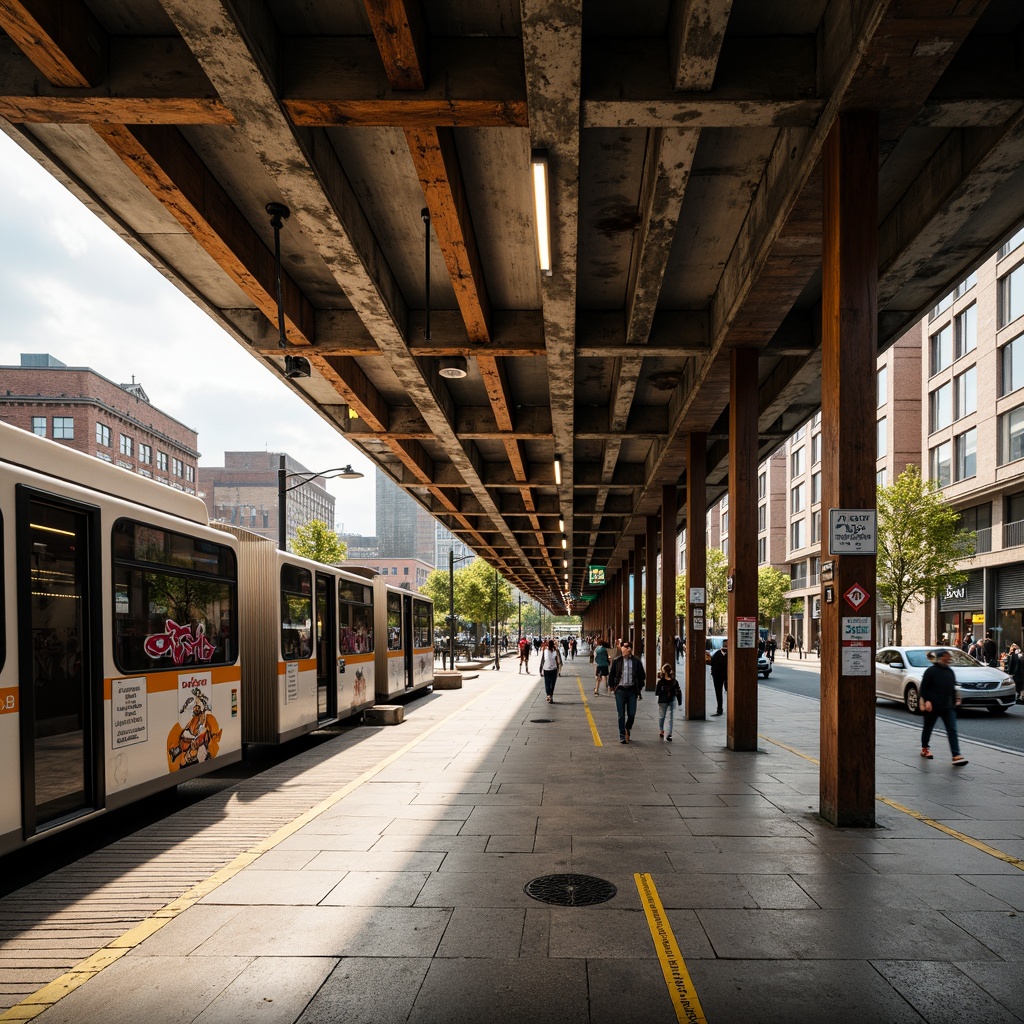 Prompt: Rustic bus station, brutalist concrete structure, industrial metal beams, weathered steel columns, reclaimed wood accents, vibrant urban graffiti, bustling city streets, natural stone flooring, exposed ductwork, modern LED lighting, cantilevered roofs, angular geometry, minimalist signage, functional layout, rush hour atmosphere, warm golden lighting, shallow depth of field, 1/1 composition, realistic textures, ambient occlusion.