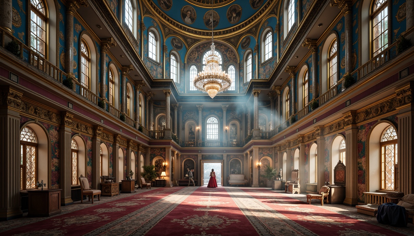 Prompt: Byzantine-inspired architecture, azure domes, golden accents, intricate mosaics, ornate columns, lavish archways, regal thrones, opulent textiles, jewel-toned frescoes, grandiose chandeliers, warm soft lighting, atmospheric fog effects, high-contrast shading, cinematic composition, symmetrical framing, detailed ornaments, richly patterned rugs, luxurious velvet fabrics, majestic stone carvings.