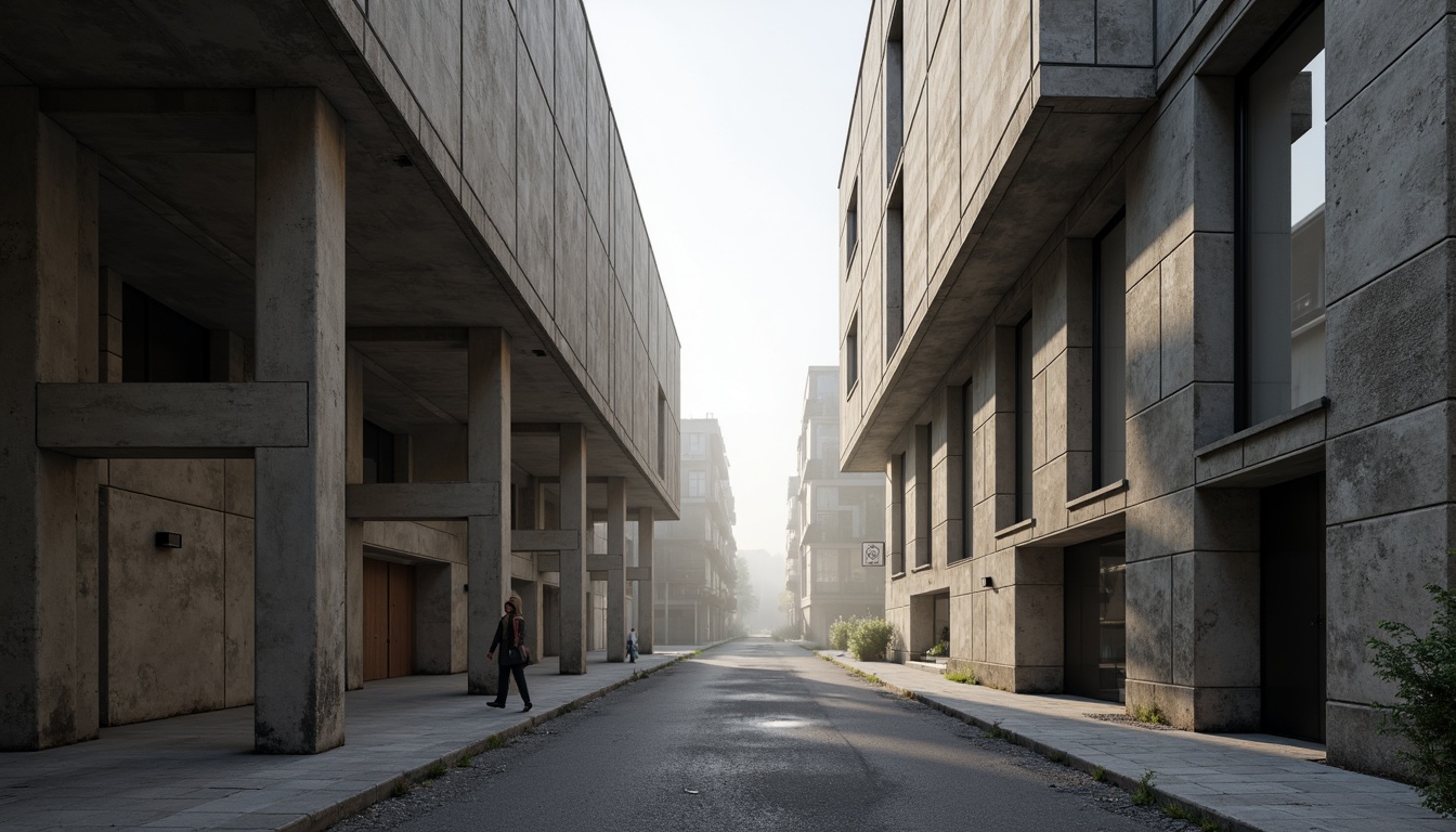 Prompt: Raw concrete walls, brutalist architecture, functional simplicity, industrial aesthetic, exposed ductwork, steel beams, reinforced columns, rugged textures, urban landscape, city streets, morning fog, soft diffused lighting, shallow depth of field, 2/3 composition, symmetrical framing, realistic materials, ambient occlusion.