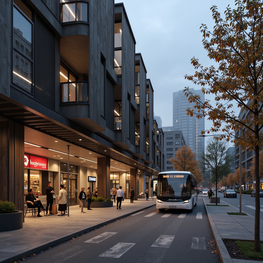 Prompt: Rustic bus station, industrial chic, exposed concrete walls, metal beams, reclaimed wood accents, urban landscape, bustling city streets, modern transportation hub, sleek glass facades, cantilevered roofs, dynamic angular lines, functional minimalist design, efficient passenger flow, natural stone flooring, stainless steel handrails, LED signage, vibrant neon lighting, foggy morning atmosphere, shallow depth of field, 2/3 composition, realistic textures, ambient occlusion.