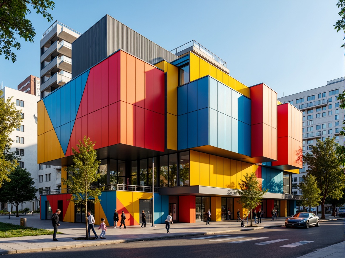 Prompt: Vibrant youth center facade, constructivist architecture, bold geometric shapes, dynamic angular lines, bright primary colors, metal cladding, glazed curtain walls, cantilevered rooflines, abstract sculptural forms, urban cityscape background, morning sunlight, high-contrast shadows, dramatic spotlighting, 1/2 composition, sharp focus, realistic materials, subtle ambient occlusion.