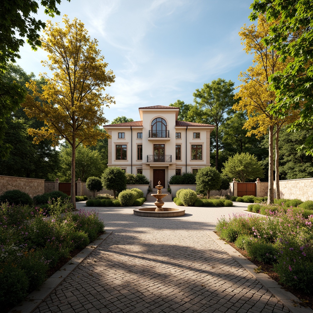 Prompt: Elegant villa, Renaissance style architecture, lush green gardens, blooming flowers, ornate fountains, cobblestone pathways, rustic stone walls, wooden gates, grand entranceways, sweeping driveways, majestic trees, serene natural surroundings, warm sunny day, soft golden lighting, shallow depth of field, 1/1 composition, atmospheric perspective, realistic textures, ambient occlusion.