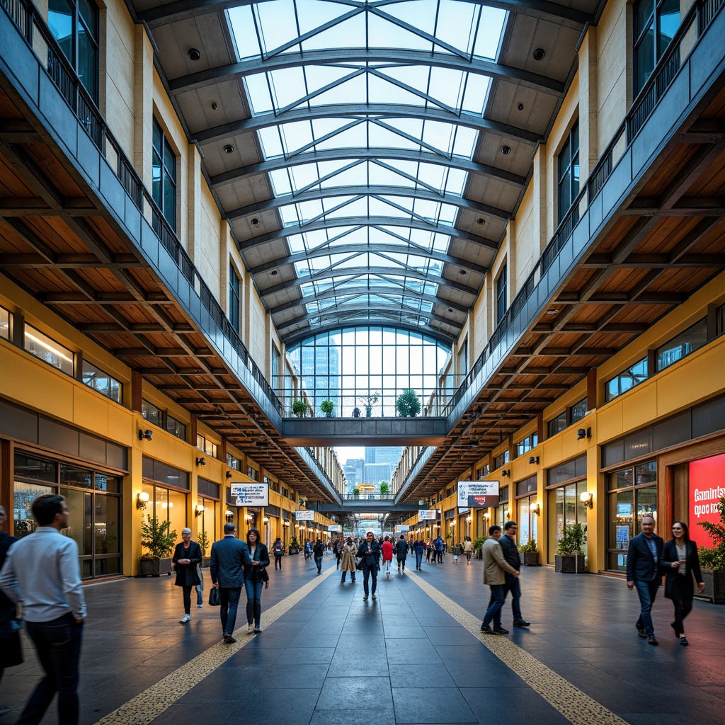 Prompt: Vibrant train station, modern architecture, steel beams, glass roofs, sleek metal columns, industrial chic aesthetic, warm beige walls, rich wood accents, bold blue tones, energetic yellow highlights, dynamic red signage, urban cityscape, bustling atmosphere, morning commute, soft natural light, shallow depth of field, 2/3 composition, realistic textures, ambient occlusion.