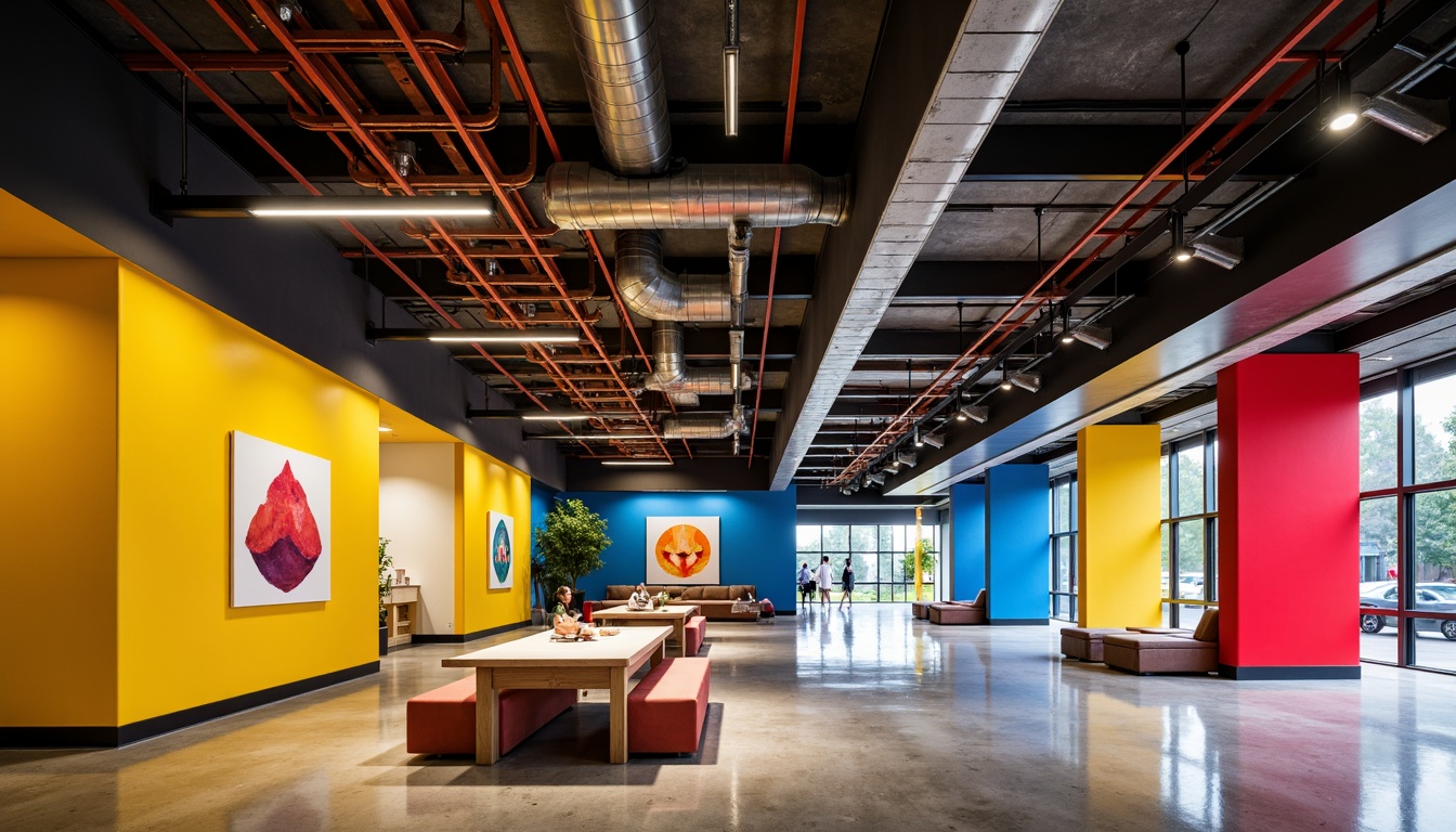 Prompt: Vibrant youth center, bold geometric shapes, primary color scheme, red accents, yellow highlights, blue undertones, industrial materials, exposed ductwork, metal beams, concrete floors, urban cityscape, modern architecture, abstract art installations, dynamic lighting, high contrast ratios, shallow depth of field, 1/1 composition, realistic textures, ambient occlusion.