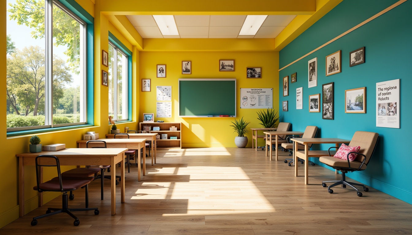 Prompt: Brightly colored classrooms, vibrant yellow walls, blue-green accents, educational posters, interactive whiteboards, wooden desks, ergonomic chairs, cozy reading nooks, natural light pouring in, warm sunny day, softbox lighting, shallow depth of field, 3/4 composition, realistic textures, ambient occlusion.