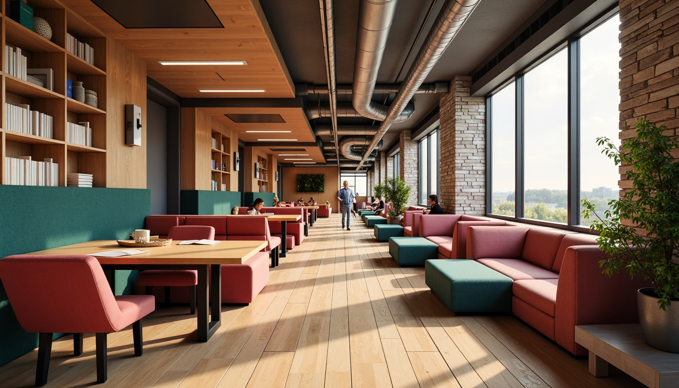 Prompt: Cozy student lounge, comfortable seating areas, wooden flooring, modern minimalist decor, built-in shelves, study tables, task lighting, ergonomic chairs, vibrant color accents, natural stone walls, large windows, soft warm lighting, 1/2 composition, shallow depth of field, realistic textures, ambient occlusion.