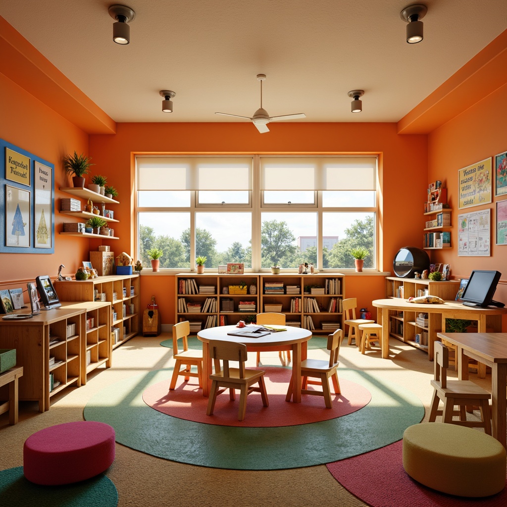 Prompt: Vibrant kindergarten classroom, warm orange walls, playful wooden furniture, cozy reading nooks, colorful educational posters, soft carpeted floors, natural light pouring in, energetic atmosphere, creative play areas, stimulating learning zones, circular tables, tiny chairs, engaging activity centers, interactive whiteboards, fun patterned rugs, inviting circle time spaces, lively teacher's desk, inspirational quotes, cheerful decorative accents, gentle warm lighting, shallow depth of field, 1/1 composition, realistic textures.