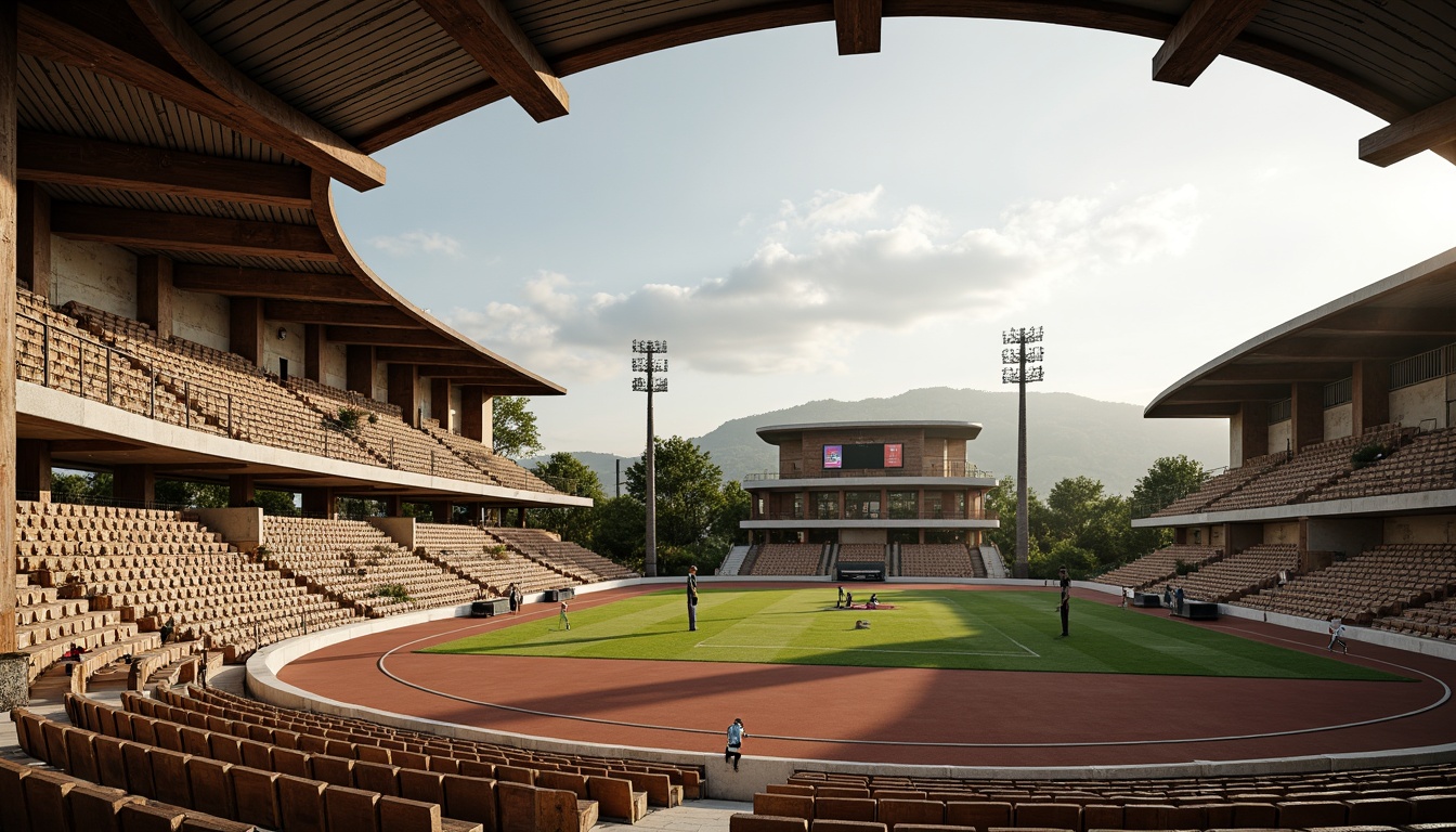 Prompt: Rustic stadium architecture, natural stone fa\u00e7ades, curved lines, earthy tones, traditional vernacular style, grandstand seating, sports field lighting, goalposts, athletic tracks, scoreboard displays, vintage signage, distressed wood textures, metal roofing, elevated platforms, panoramic views, warm afternoon sunlight, shallow depth of field, 1/2 composition, realistic atmospheric effects.