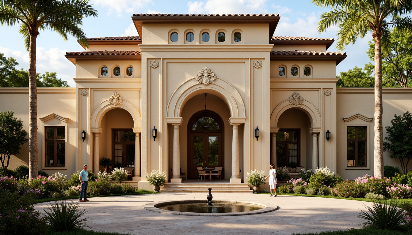 Prompt: Renaissance-style villa facade, ornate stone carvings, classical columns, symmetrical composition, grand entrance, sweeping archways, rusticated quoins, decorative cornices, warm beige stucco, terracotta roofing, lush greenery, blooming flowers, serene courtyard, tranquil fountain, soft golden lighting, 1/2 composition, shallow depth of field, realistic textures, ambient occlusion.