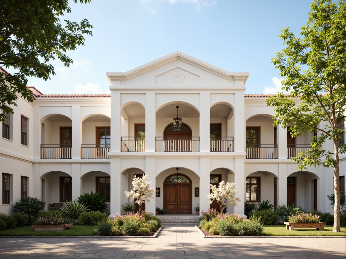 Prompt: Ivory-white kindergarten building, classical columns, ornate facades, soft pastel colors, gentle arches, decorative cornices, rustic stone foundations, lush greenery, vibrant flower boxes, wooden benches, educational signage, natural light-filled classrooms, large windows, wooden doors, blooming trees, sunny day, warm soft lighting, shallow depth of field, 3/4 composition, panoramic view, realistic textures, ambient occlusion.