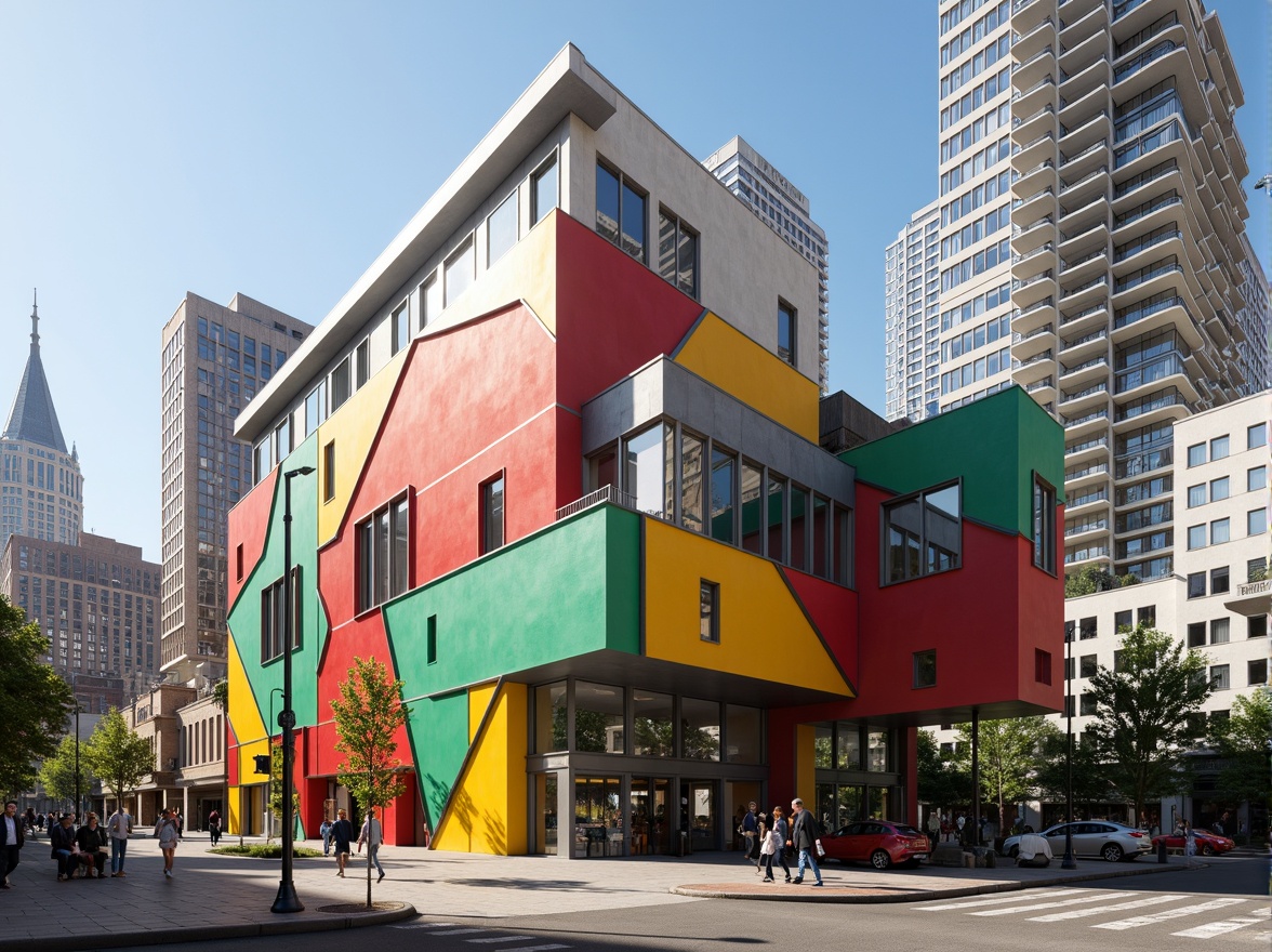 Prompt: Vibrant youth center, geometric constructivist facade, bold color blocking, abstract patterned walls, irregular shapes, dynamic diagonal lines, cantilevered volumes, industrial metal accents, exposed ductwork, minimalist windows, brutalist concrete textures, urban cityscape background, morning sunlight casting long shadows, high-contrast dramatic lighting, 2/3 composition, atmospheric perspective, stylized illustrations-inspired visual style.