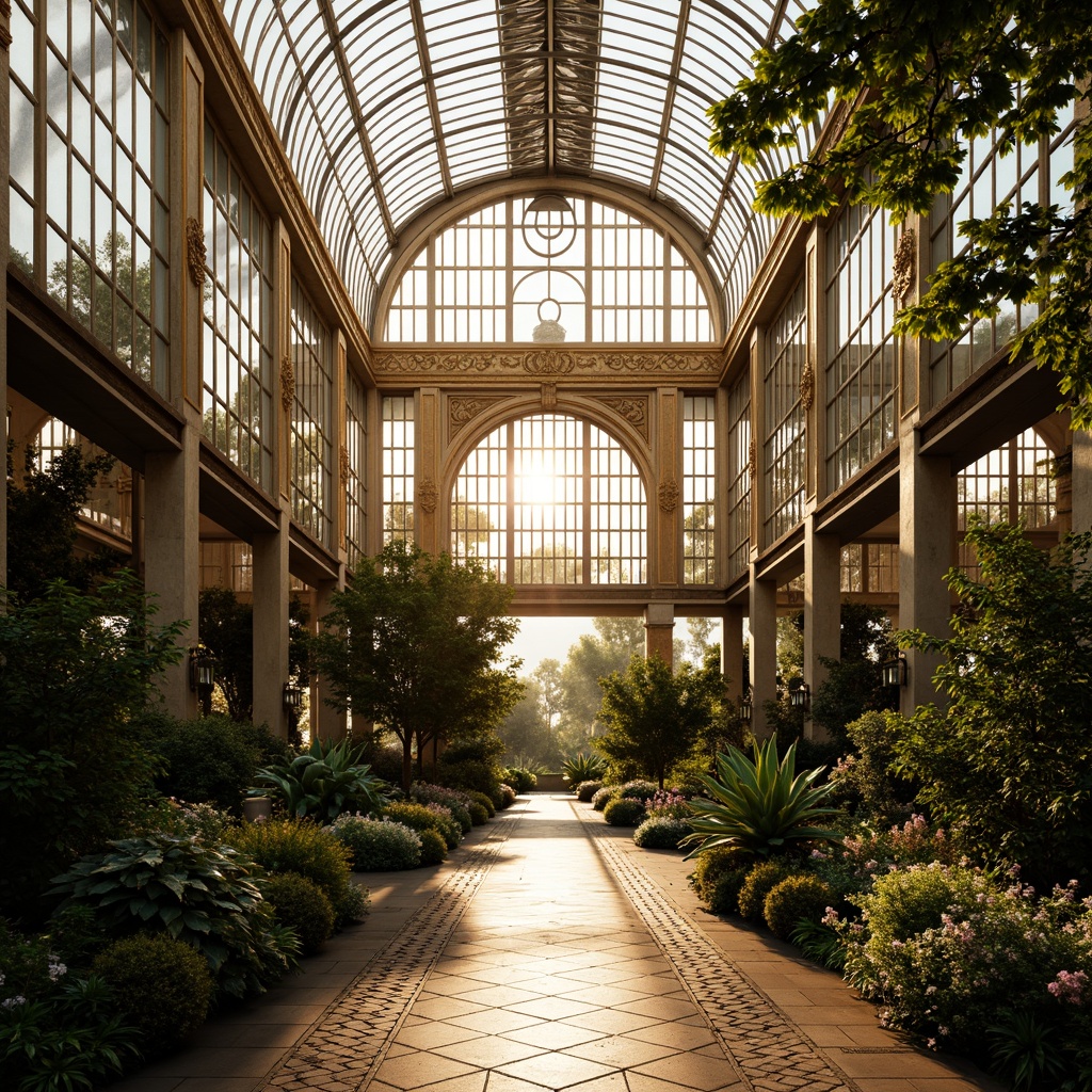 Prompt: Ornate greenhouse, geometric metal framework, curved glass panels, ornamental ironwork, symmetrical entrance, stepped silhouettes, zigzag motifs, luxurious vegetation, exotic plants, tropical flowers, warm golden lighting, soft natural textures, reflective chrome accents, angular lines, opulent decorations, intricate mosaics, sun-drenched atmosphere, dramatic shadows, 1/2 composition, low-angle shot, cinematic lighting.