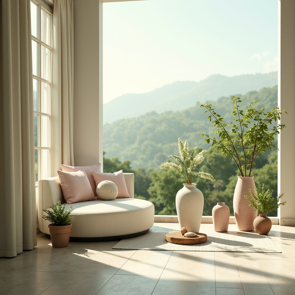 Prompt: Soft celadon hues, calming atmosphere, serene natural scenery, misty morning light, subtle gradient effects, gentle watercolor textures, creamy porcelain vases, delicate floral patterns, minimalist furniture design, rounded edges, soft pink accents, warm beige tones, earthy terracotta pots, lush greenery, tranquil ambiance, shallow depth of field, 1/2 composition, soft focus, warm sunny day, realistic materials, ambient occlusion.