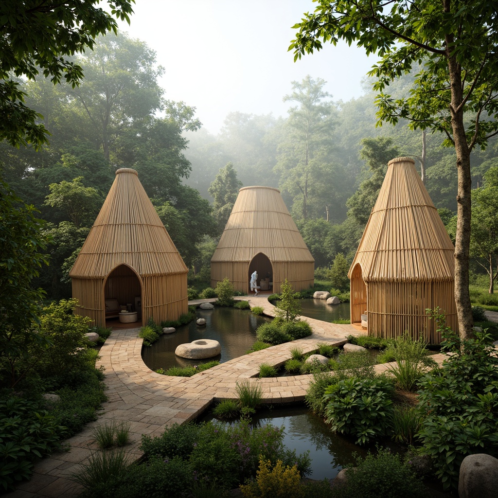 Prompt: Eco-friendly bamboo structures, natural materials, organic shapes, woven textures, earthy tones, serene forest surroundings, misty atmosphere, soft diffused lighting, warm color palette, 1/2 composition, shallow depth of field, realistic rendering, ambient occlusion, lush greenery, tropical plants, exotic flowers, birds' songs, gentle breeze.