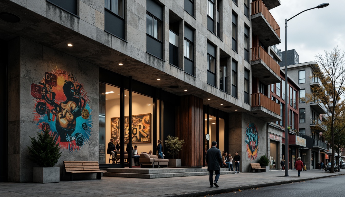 Prompt: Rugged stone facade, distressed concrete walls, rusty metal accents, vibrant street art murals, urban cityscape, moody overcast sky, dramatic shadows, cinematic lighting, low-angle shot, 1/2 composition, gritty realistic textures, ambient occlusion, high-contrast tone mapping.