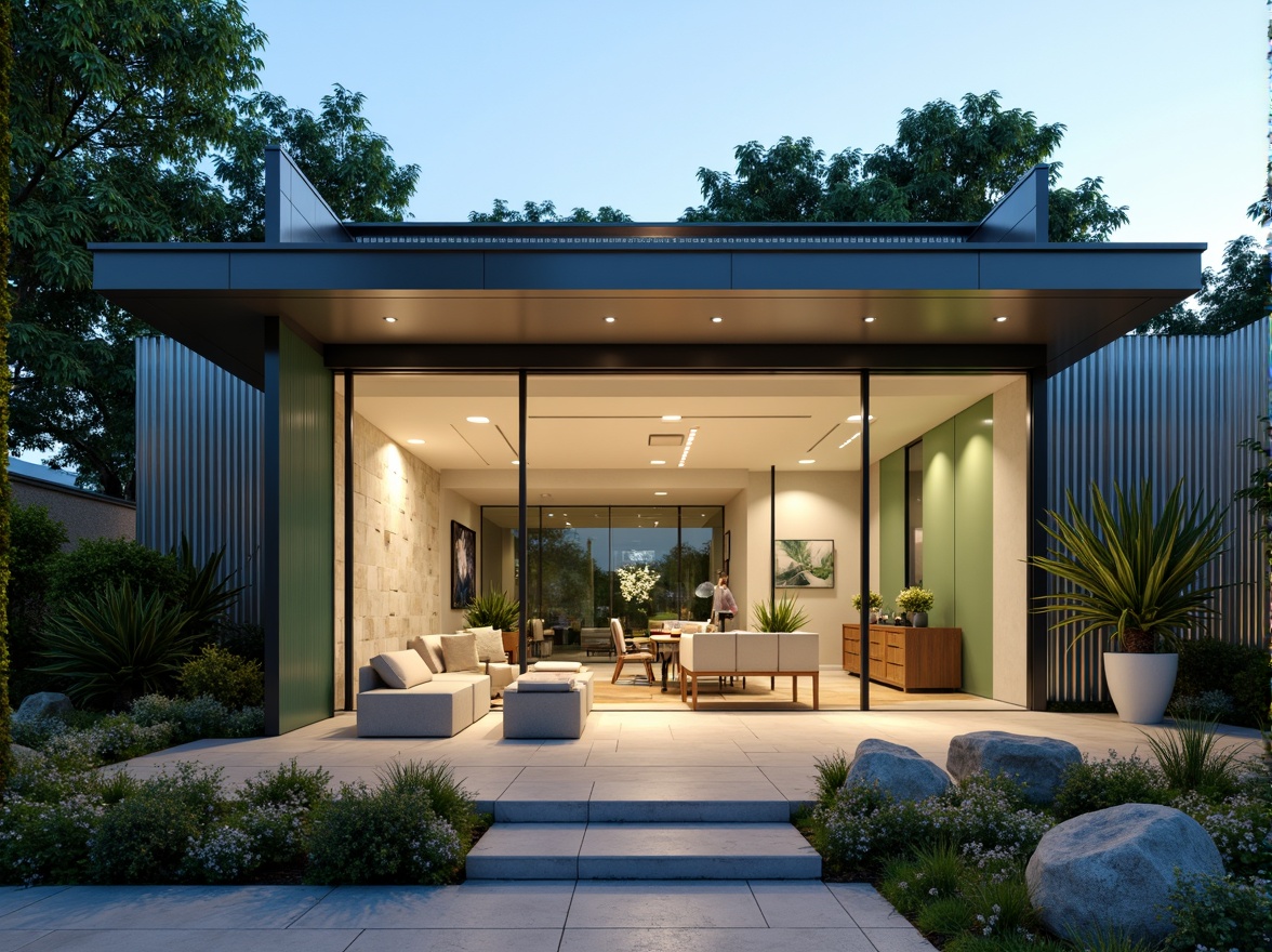 Prompt: Modern dental clinic facade, sleek glass surfaces, minimalist lines, stainless steel frames, subtle LED lighting, calming green walls, natural stone accents, large windows, open waiting areas, comfortable seating, warm wooden flooring, soothing color schemes, futuristic design elements, cantilevered rooflines, shallow depth of field, 1/1 composition, softbox lighting, realistic textures, ambient occlusion.