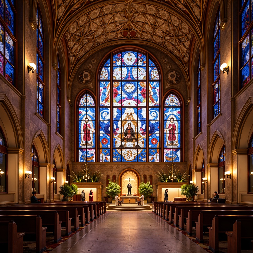 Prompt: Opulent Art Deco church, vibrant stained glass windows, geometric patterns, kaleidoscope colors, ornate facades, grandiose entrance, intricate mosaics, luxurious materials, golden accents, symmetrical composition, warm soft lighting, shallow depth of field, 1/2 composition, dramatic perspective, rich textures, ambient occlusion.