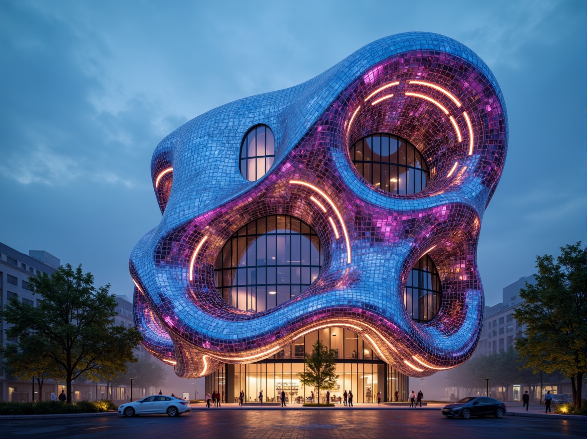 Prompt: Organic blob-shaped building, futuristic facade design, iridescent colors, glowing neon lights, undulating curves, fluid architecture, parametric design, 3D-printed components, translucent glass, metallic meshes, biomimetic patterns, adaptive shading systems, responsive LED lighting, misty atmosphere, shallow depth of field, 1/1 composition, cinematic view, realistic reflections, ambient occlusion.