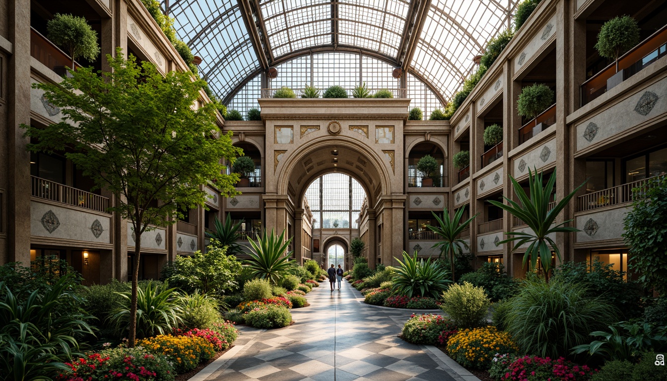 Prompt: Art Deco greenhouse, ornate metal framework, geometric patterns, lush tropical plants, vibrant flowers, intricate mosaics, luxurious materials, lavish decorations, grand entrance, sweeping curves, symmetrical facade, elegant lines, opulent ornamentation, soft natural lighting, warm atmospheric ambiance, subtle shading, 1/2 composition, realistic reflections, detailed textures.