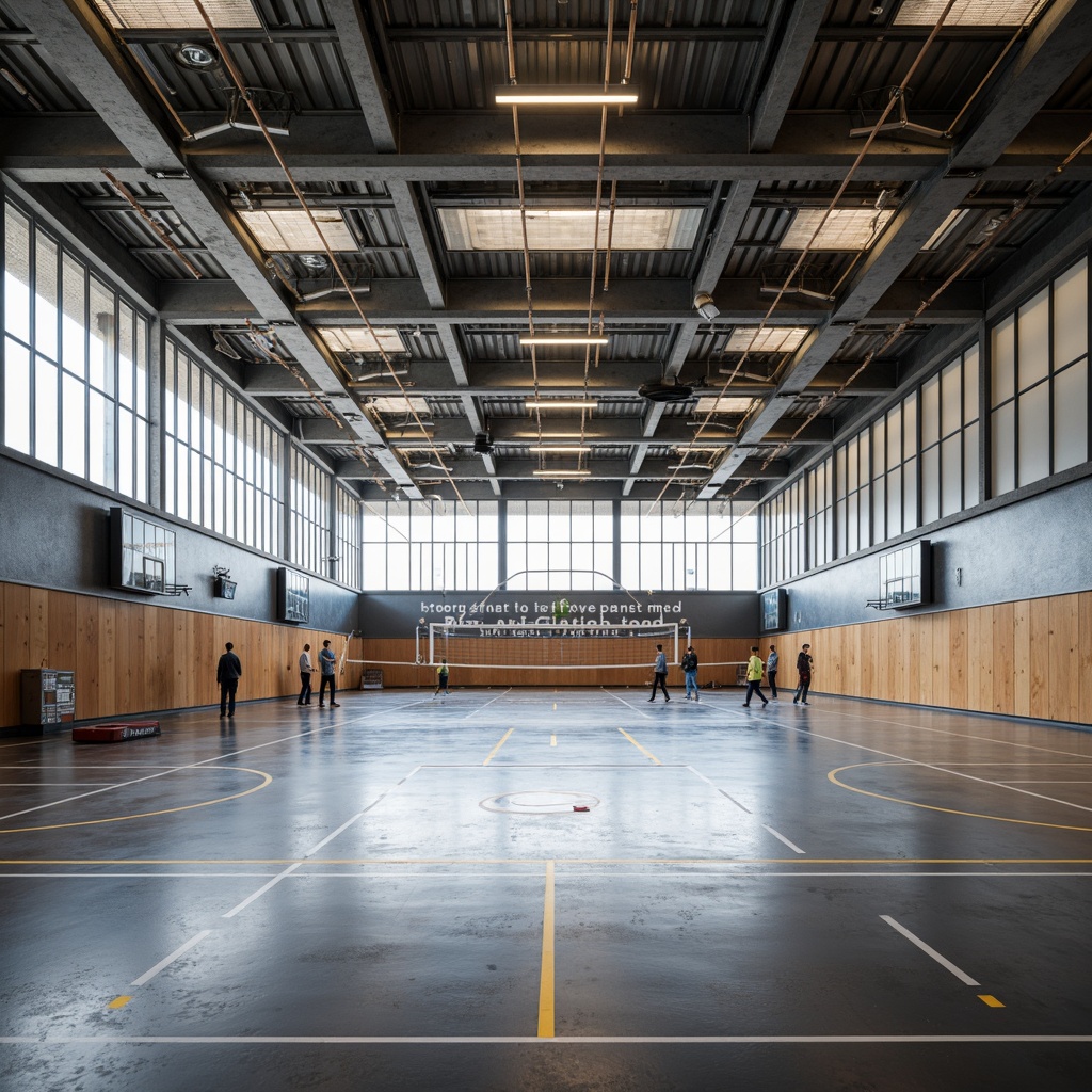 Prompt: Modern gymnasium interior, high ceilings, exposed ductwork, polished concrete floors, athletic track lines, basketball courts, volleyball nets, sports equipment, motivational quotes, LED strip lighting, suspended light fixtures, indirect warm glow, daylight harvesting, clerestory windows, translucent panels, ambient occlusion, realistic reflections, 1/2 composition, softbox lighting, subtle shadows.