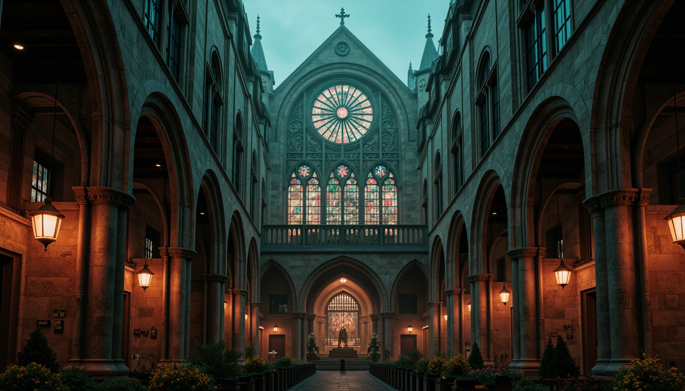 Prompt: Mysterious Gothic cathedral, ornate stone carvings, dramatic arches, pointed ribbed vaults, flying buttresses, intricate stained glass windows, rich jewel-toned colors, deep crimson reds, midnight blues, emerald greens, gold accents, weathered copper details, misty atmospheric lighting, subtle fog effects, cinematic composition, low-key warm tones, mystical ambient textures.