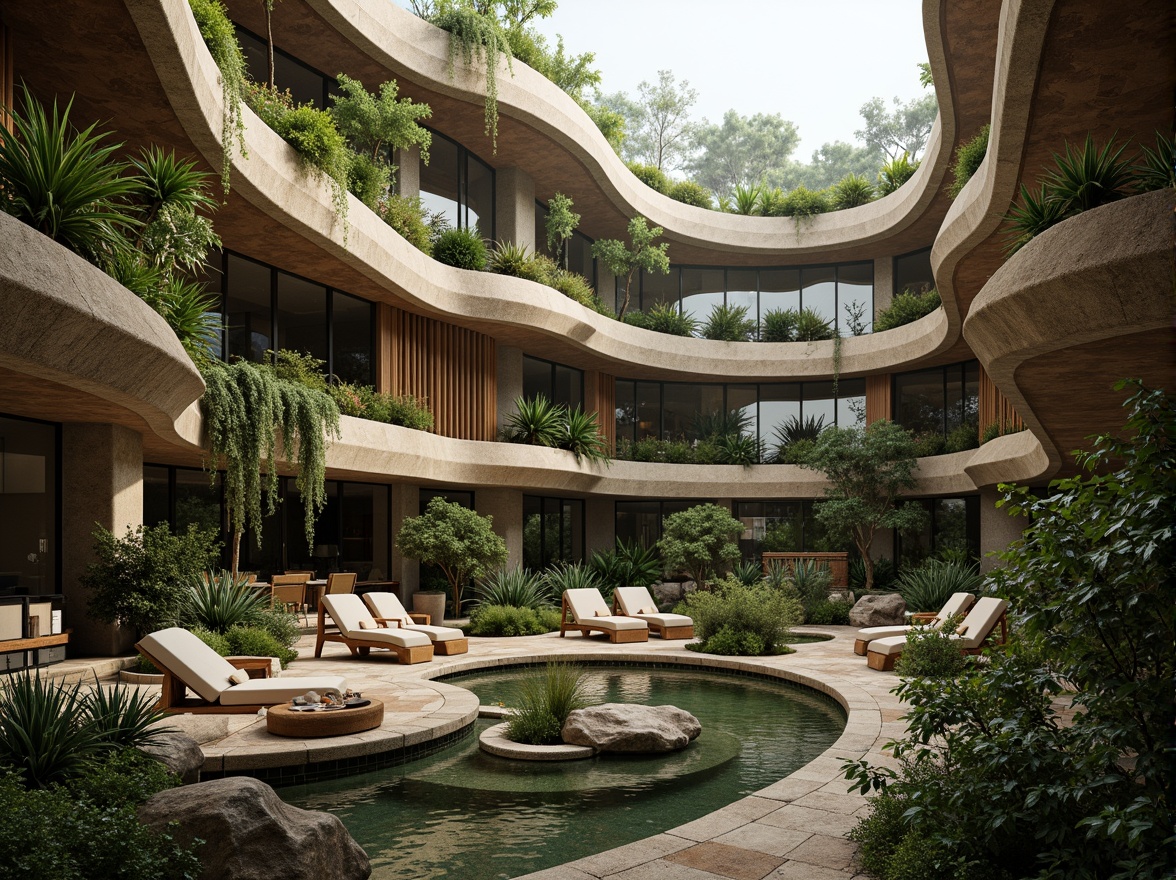 Prompt: Organic architecture style, undulating lines, flowing curves, natural stone walls, reclaimed wood accents, living green roofs, lush vegetation, dripping water features, earthy color palette, organic forms, free-flowing spaces, minimal ornamentation, seamless transitions, abundant natural light, soft warm glow, misty atmosphere, shallow depth of field, 1/1 composition, intimate scale, serene ambiance, realistic textures, ambient occlusion.