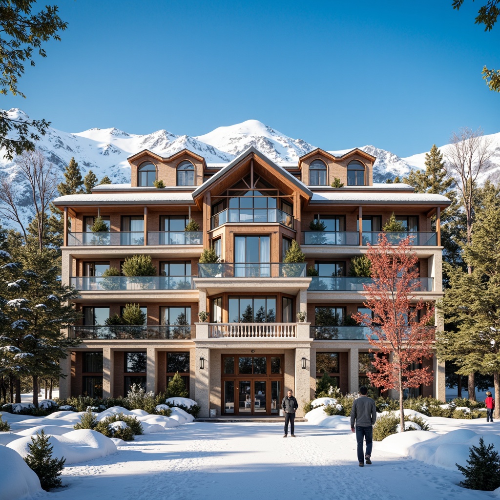 Prompt: Grandiose ski resort facade, neoclassical architectural style, symmetrical composition, ornate columns, carved stone details, grand entranceways, large windows, wooden accents, snow-capped roofs, mountainous backdrop, evergreen trees, powdery snowfall, bright blue sky, warm golden lighting, shallow depth of field, 1/1 composition, realistic textures, ambient occlusion.