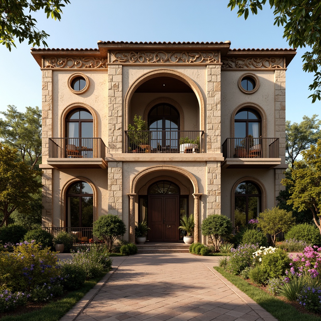 Prompt: Rustic villa facade, ornate stone carvings, grandiose arches, classical columns, intricately designed balconies, wrought iron railings, earthy tone color palette, weathered stone textures, lush greenery, blooming flowers, majestic entrance gates, symmetrical composition, warm golden lighting, shallow depth of field, 2/3 perspective view, realistic ambient occlusion.Please let me know if this meets your requirements!