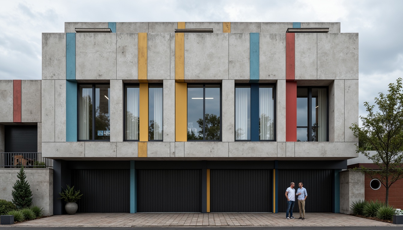 Prompt: Geometric facade, asymmetrical composition, rectangular windows, industrial materials, raw concrete walls, steel beams, minimalist aesthetics, functional simplicity, primary color accents, bold typography, urban landscape, modern cityscape, cloudy sky, dramatic shading, low-key lighting, 3/4 perspective, realistic textures, ambient occlusion.