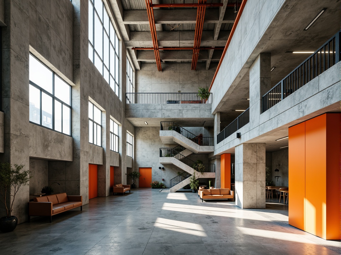 Prompt: Industrial-era factory, brutalist concrete walls, steel beams, exposed ductwork, functional minimalism, primary color accents, geometric shapes, rectangular forms, raw unfinished materials, tactile textures, natural light pouring in, high ceilings, open floor plans, sleek metal staircases, minimalist decor, bold typography, avant-garde aesthetic, rational functionality, efficient layouts, innovative material combinations, sustainable building practices, eco-friendly finishes, recycled materials, 3/4 composition, soft diffused lighting, shallow depth of field.