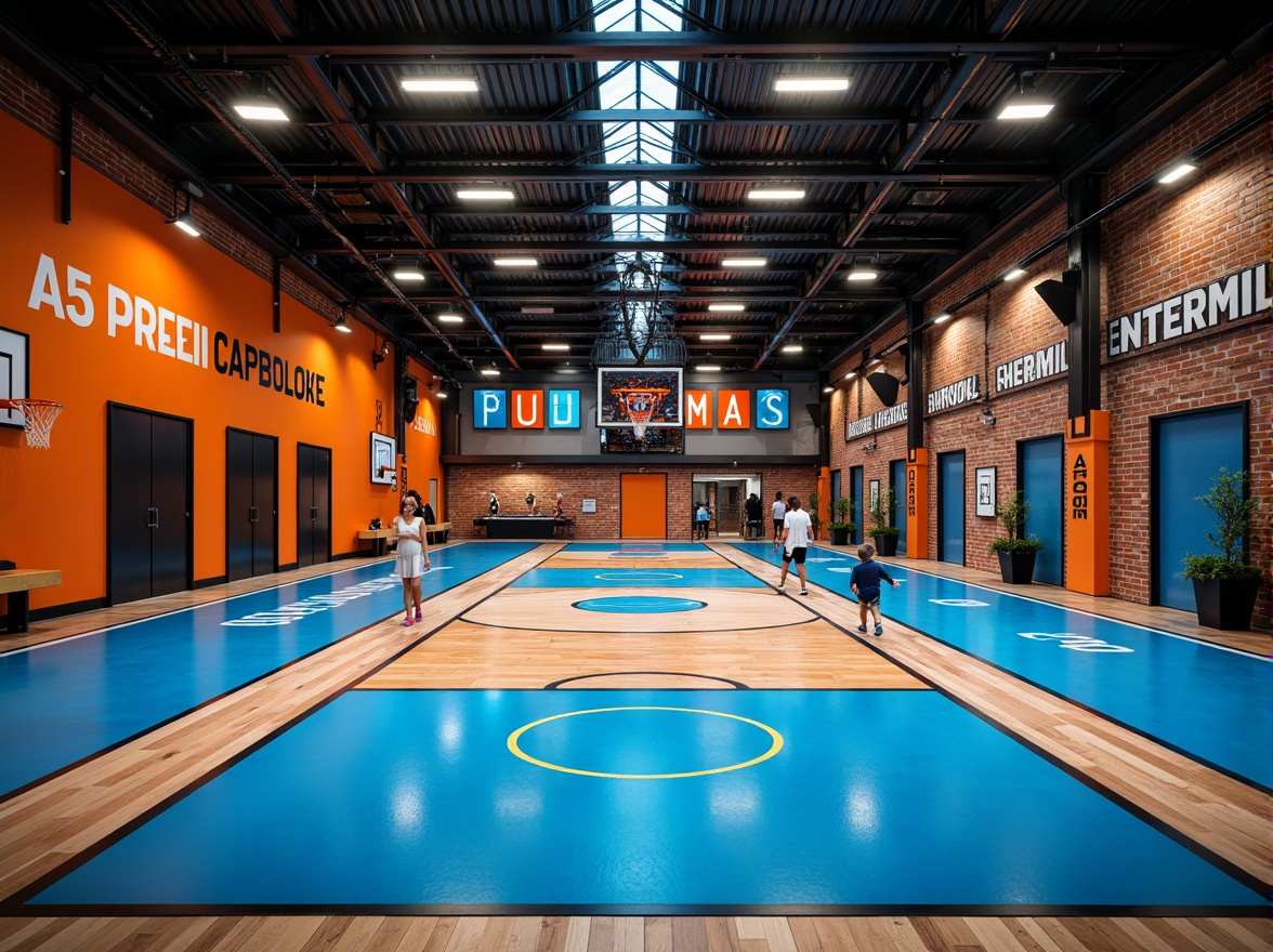 Prompt: Vibrant gymnasium interior, bold color scheme, energetic atmosphere, dynamic sports equipment, basketball courts, running tracks, modern lighting systems, sleek wooden floors, metal beams, industrial chic architecture, urban loft-style design, exposed brick walls, motivational quotes, neon-lit signage, intense blue and orange hues, deep charcoal accents, bright white highlights, warm natural textures, shallow depth of field, 2/3 composition, dramatic shadows, realistic reflections.