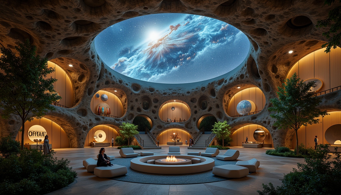 Prompt: Ethereal planetarium dome, organic curves, natural stone walls, lush greenery, celestial body projections, soft warm lighting, subtle color grading, ambient occlusion, shallow depth of field, 3/4 composition, panoramic view, realistic textures, futuristic architecture, geodesic patterns, iridescent colors, nebula-inspired motifs, astronomical instruments, minimalist decor, wooden accents, cozy seating areas, intimate atmosphere, calming ambiance.