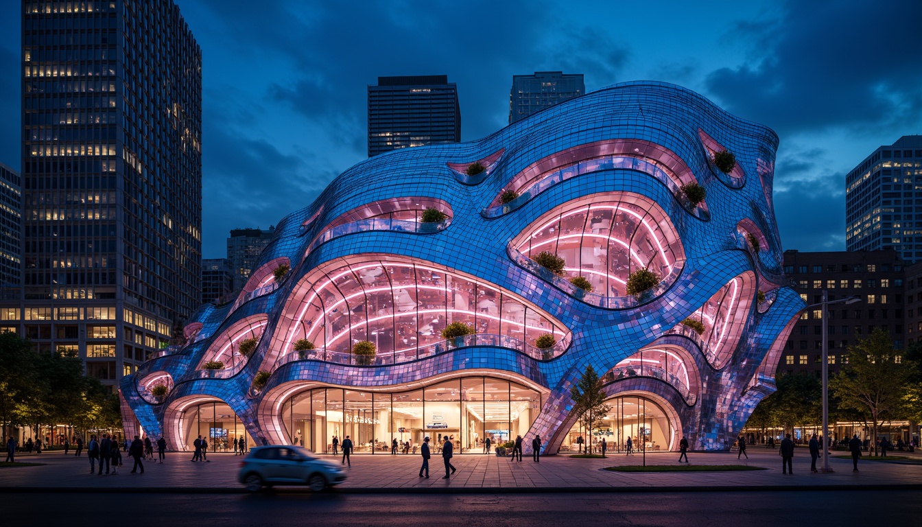 Prompt: Organic blob-shaped building, iridescent glass fa\u00e7ade, shimmering LED lights, undulating curves, futuristic architecture, avant-garde design, flowing liquid-like structures, translucent panels, neon-lit nighttime scene, cityscape backdrop, misty atmospheric effects, shallow depth of field, 1/1 composition, dramatic spotlighting, vibrant color grading, high-contrast textures, ambient occlusion.