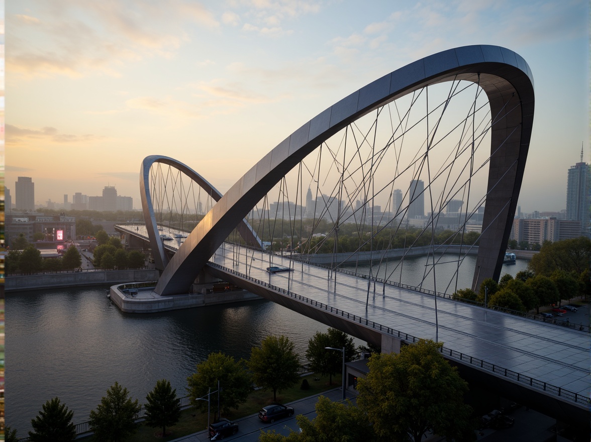 Prompt: Futuristic bridge design, sleek metal arches, suspension cables, modern urban landscape, city skyline, misty morning atmosphere, soft golden lighting, shallow depth of field, 3/4 composition, panoramic view, realistic reflections, ambient occlusion, gleaming steel surfaces, angular lines, minimalist aesthetic, LED light installations, dynamic motion blur, dramatic nighttime scenery, vibrant neon colors.