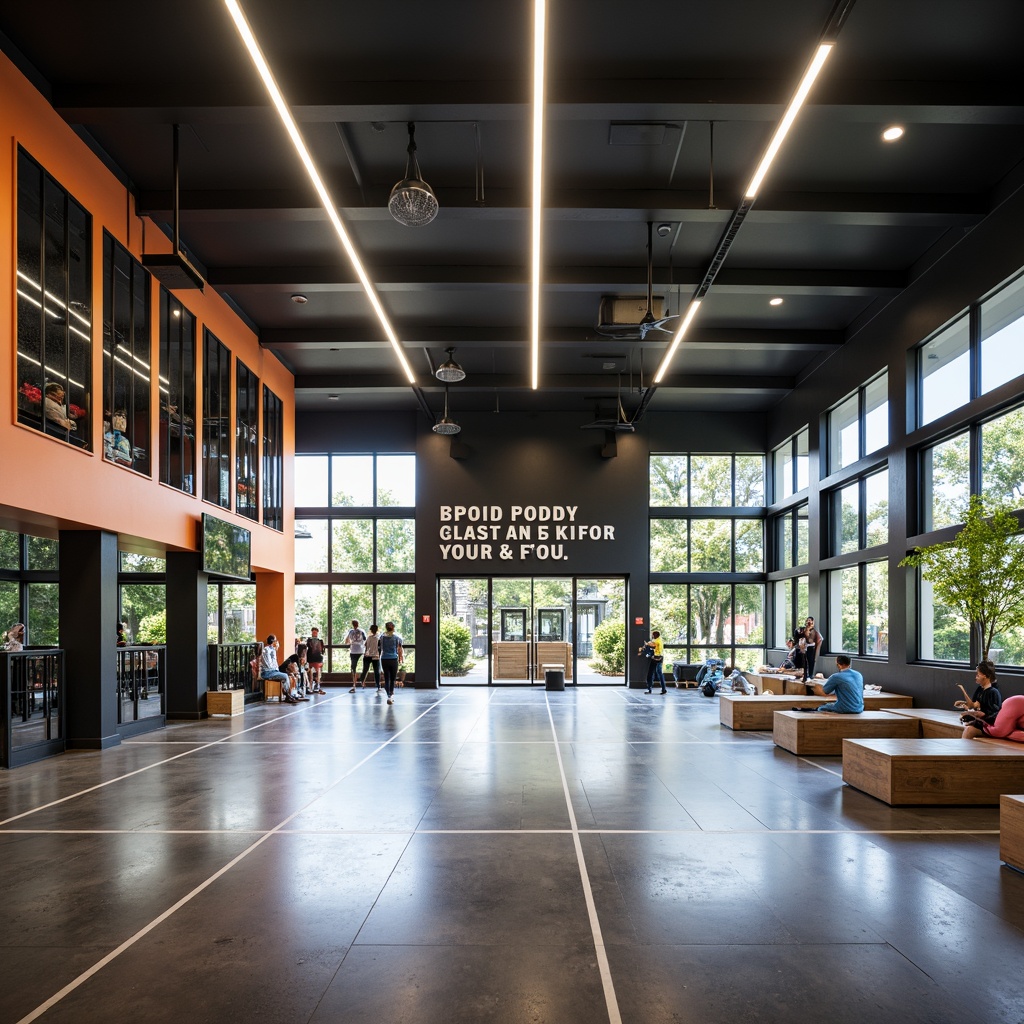 Prompt: Modern gymnasium interior, sleek flooring, mirrored walls, high ceilings, athletic equipment, basketball hoops, volleyball nets, exercise machines, free weights, yoga mats, locker rooms, wooden benches, natural lighting, large windows, glass partitions, open spaces, minimalist decor, motivational quotes, vibrant color schemes, dynamic lighting effects, shallow depth of field, 1/2 composition, realistic textures, ambient occlusion.