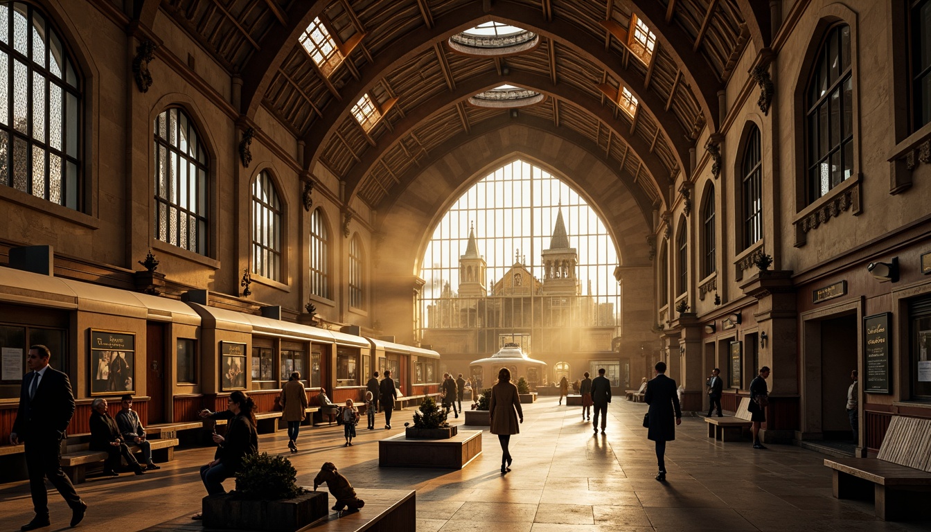 Prompt: Grandiose train station, vaulted ceilings, ribbed arches, ornate carvings, stained glass windows, intricate stone facades, pointed towers, flying buttresses, dramatic lighting, misty atmosphere, warm golden tones, rustic wooden benches, wrought iron railings, ornamental clock towers, grand entrance halls, high-contrast textures, cinematic angles, symmetrical composition, majestic verticality, mysterious shadows, warm afternoon light, 3/4 perspective view.