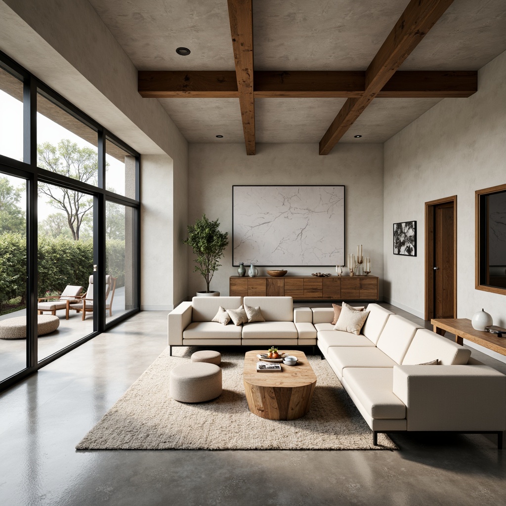 Prompt: Minimalist living room, neutral color palette, sleek low-profile furniture, ample natural light, floor-to-ceiling windows, sliding glass doors, polished concrete floors, industrial-chic metal beams, sparse decorative accents, functional storage solutions, clutter-free spaces, calming ambiance, soft warm lighting, shallow depth of field, 1/1 composition, realistic textures, ambient occlusion.