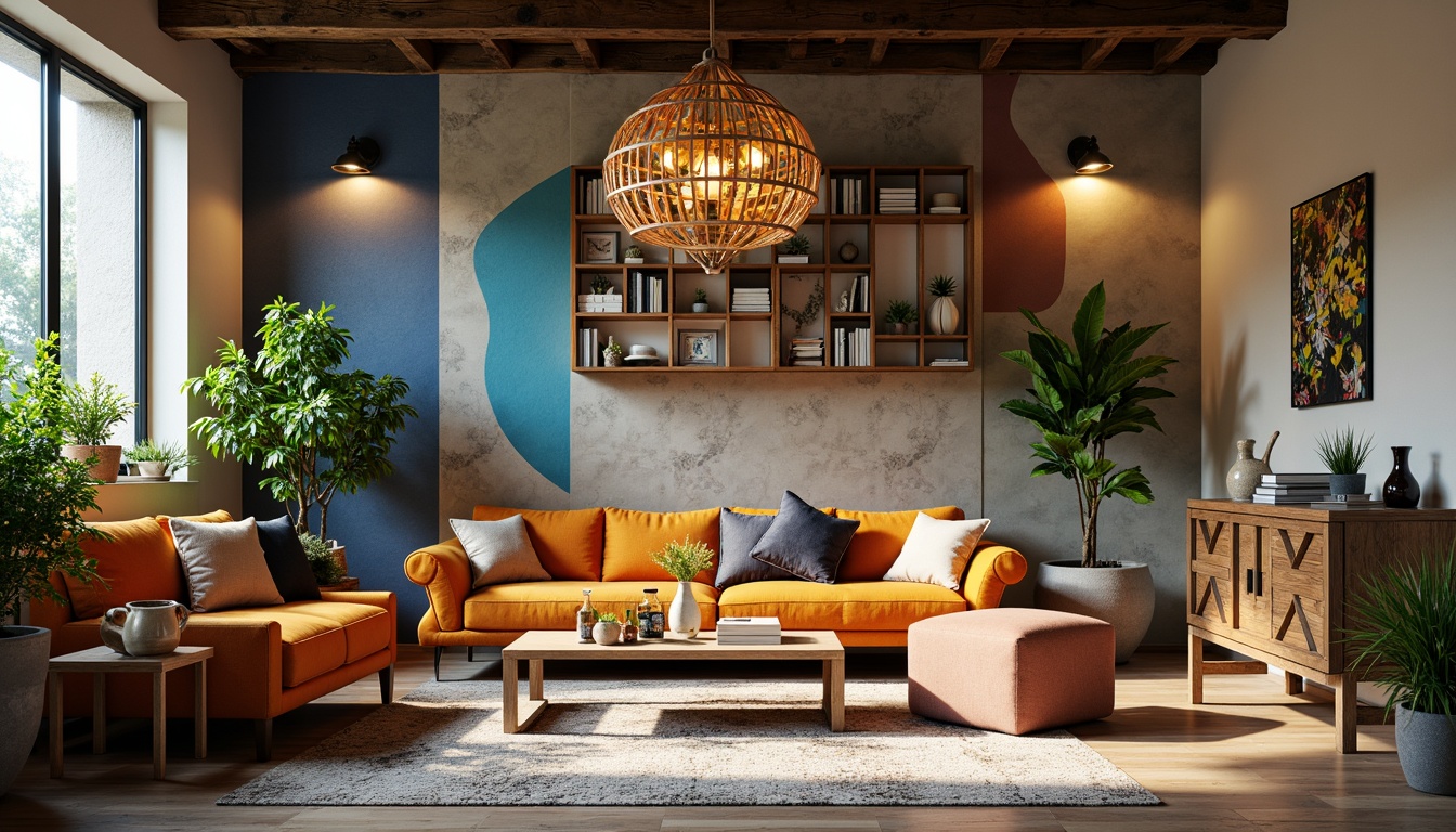 Prompt: Vibrant modern interior, eclectic furniture pieces, bold accent walls, rich wood tones, creamy whites, deep blues, warm golden lighting, industrial metal accents, lush greenery, natural textures, earthy undertones, 3/4 composition, shallow depth of field, realistic renderings.