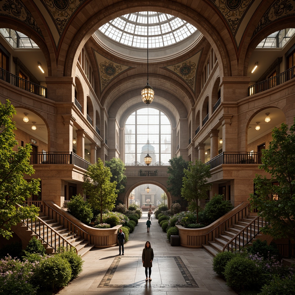 Prompt: Grand Romanesque metro station, ornate stone arches, vaulted ceilings, rustic brick walls, intricate mosaics, lush greenery, flowering vines, grand staircases, elegant chandeliers, warm golden lighting, shallow depth of field, 1/1 composition, symmetrical architecture, historic landmarks, urban cityscape, morning mist, soft natural light, ambient occlusion.