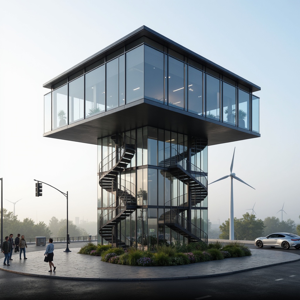 Prompt: Futuristic watchtower, sleek metallic exterior, iridescent glass panels, spiral staircases, minimalist design, cutting-edge technology integration, high-strength carbon fiber, durable stainless steel, translucent polycarbonate walls, LED lighting systems, photovoltaic cells, wind turbines, sustainable energy harvesting, eco-friendly materials, angular lines, reflective surfaces, misty morning atmosphere, shallow depth of field, 1/1 composition, realistic textures, ambient occlusion.