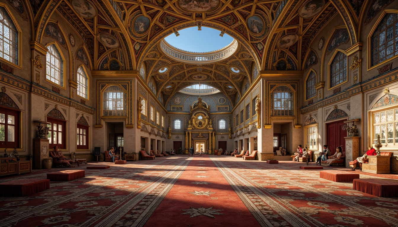 Prompt: Intricate Byzantine architecture, golden domes, azure tiles, ornate mosaics, lavish frescoes, grand archways, ornamental columns, richly patterned carpets, opulent furnishings, regal thrones, celestial-inspired ceilings, warm soft lighting, dramatic shadows, high contrast ratio, cinematic composition, 1/2 camera angle, realistic texture details, ambient occlusion.Please let me know if this meets your expectations!