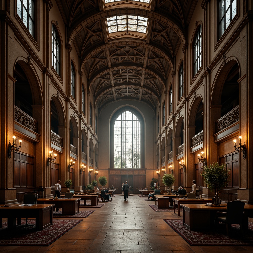 Prompt: Grand Gothic office building, ornate archways, ribbed vaults, pointed spires, stained glass windows, intricate stone carvings, dark wood paneling, rich velvet furnishings, majestic high ceilings, dramatic chandeliers, warm golden lighting, subtle fog effect, shallow depth of field, 2/3 composition, symmetrical framing, ornate metalwork details, mysterious ambient shadows.