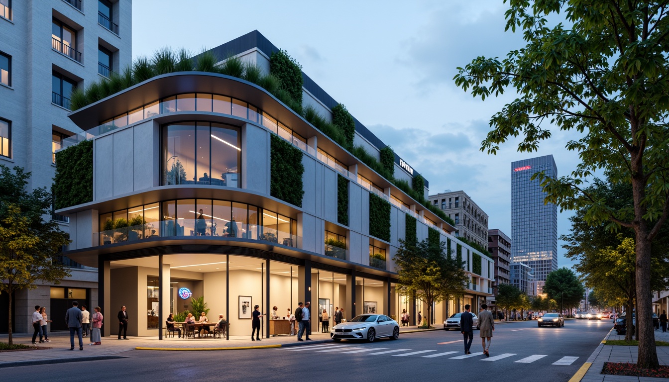 Prompt: Modern dental clinic facade, sleek glass surfaces, minimalist design, subtle LED lighting, calming color scheme, natural stone accents, steel frames, cantilevered canopies, green walls, vertical gardens, urban cityscape, busy street scene, shallow depth of field, 1/1 composition, realistic textures, ambient occlusion, soft warm lighting, morning sunlight, vibrant signage, abstract geometric patterns, futuristic aesthetic.