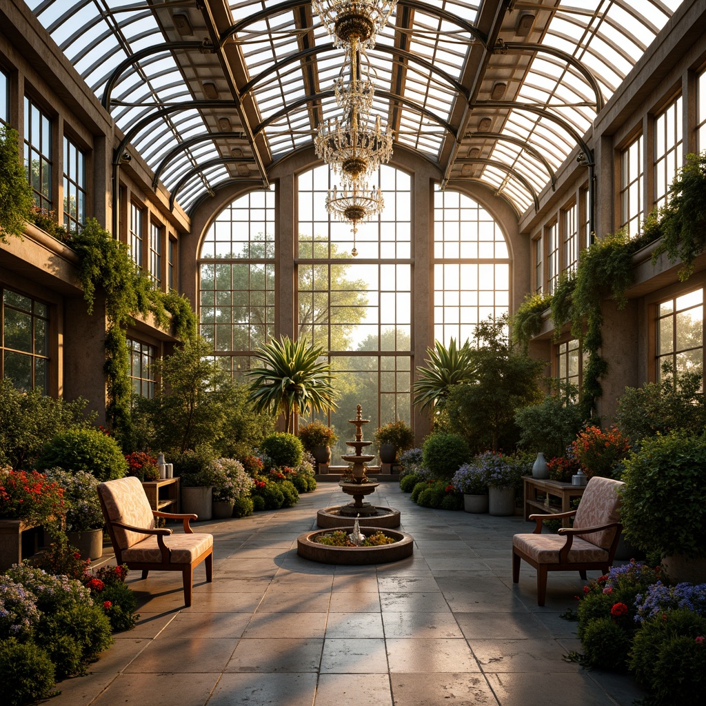 Prompt: Elegant Art Deco greenhouse, ornate metal frames, curved glass panels, lush tropical plants, vibrant flowers, warm soft lighting, golden hour ambiance, subtle misting systems, intricate geometric patterns, luxurious velvet drapes, crystal chandeliers, bronze accents, exotic wood furnishings, natural stone flooring, ornamental fountains, symmetrical compositions, shallow depth of field, 1/1 aspect ratio, high-key lighting, creamy white balance, realistic glass reflections.